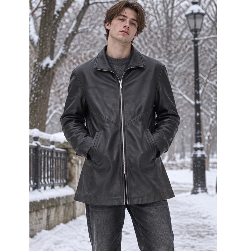 Y2k Lord & Taylor Leather Coat Grandpa Sz Med Mens Classic Black Zip Jacket